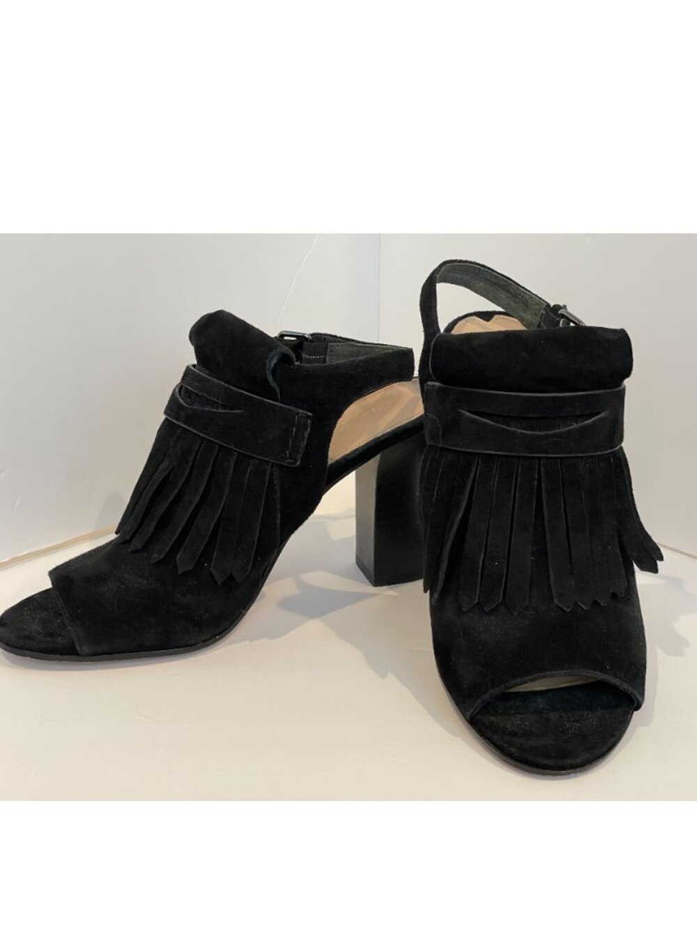 Via Spiga Fey Black Suede Fringe Open-Toe Heels - Sz 7